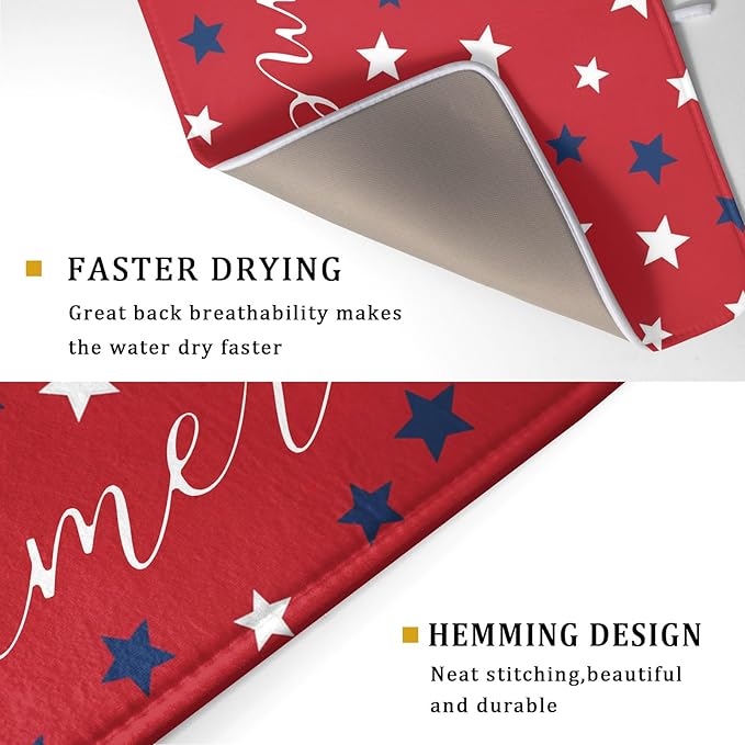4th of July Patriotic Red Dish Drying Mat For Kitchen Counter Independence Memorial Day America Stars Microfiber Absorbent Drying Mats Reversible Kitchen Countertop Drainer Pad 18x24 Inch