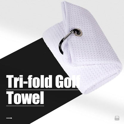 Mile High Life Tri-fold Golf Towel | 16" X 24" | Premium Microfiber Fabric | Waffle Pattern | with Heavy Duty Carabiner Clip | for Men and Women (White)