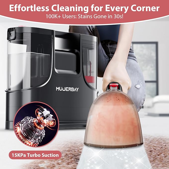 Carpet Cleaner Shampooer, MUJERBAY 15Kpa Portable Spot and Stain Cleaner, Easy Move with Handle, 1.5-inch Deep Cleaning Machine for Couch, Stairs, Car and Pet Messes.