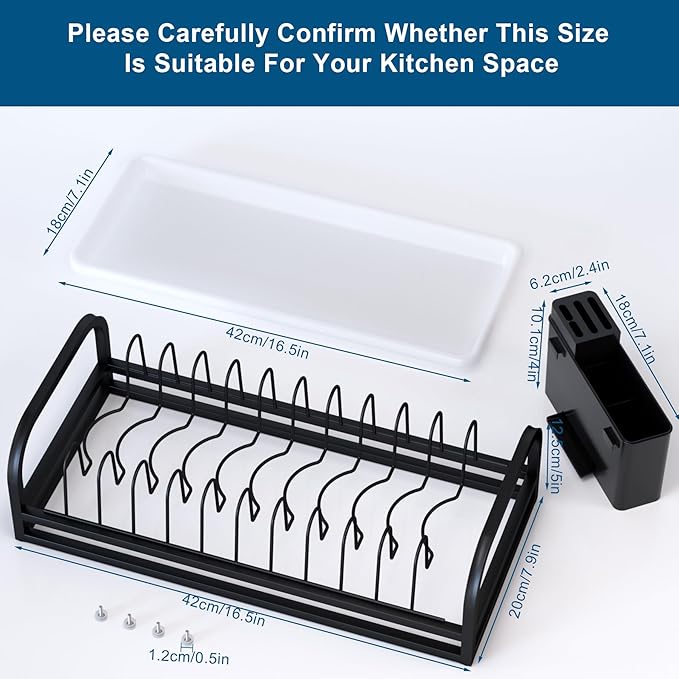 Black Dish Drying Rack Small for Kitchen Counter, 304 Stainless Steel Dish Rack w Tray & Cutlery Holder, Narrow Dish Drainer for Pots & Pans, Cutting Boards, Plates & Lids