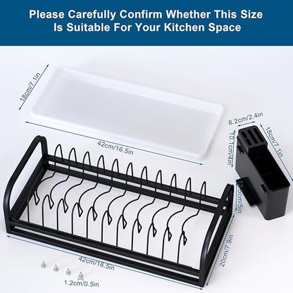 Black Dish Drying Rack Small for Kitchen Counter, 304 Stainless Steel Dish Rack w Tray & Cutlery Holder, Narrow Dish Drainer for Pots & Pans, Cutting Boards, Plates & Lids