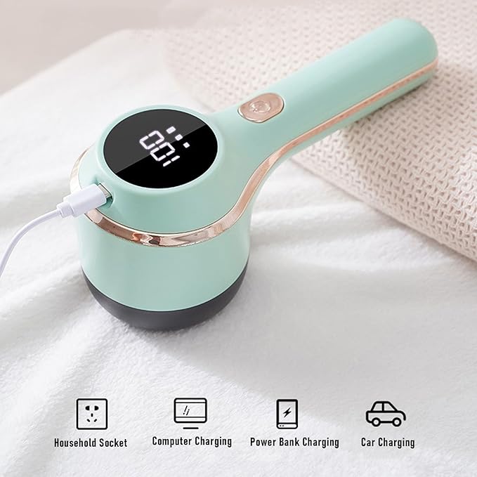 Sorandy Fabric Shaver, Electric Lint Remover Rechargeable with 3 Speeds, Digital Display 6 Leaf Blades Portable Sweater Defuzzer, Ideal for Clothes, Furniture, Sweater & Blanket (Green)