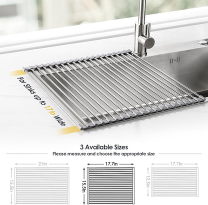Tomorotec 17.7" x 15.5" Roll Up Dish Drying Rack Over Sink Drying Rack Sink Cover Kitchen Sink Accessories Gadget Multipurpose Organizer Foldable Stainless Steel Drainer (Grey)