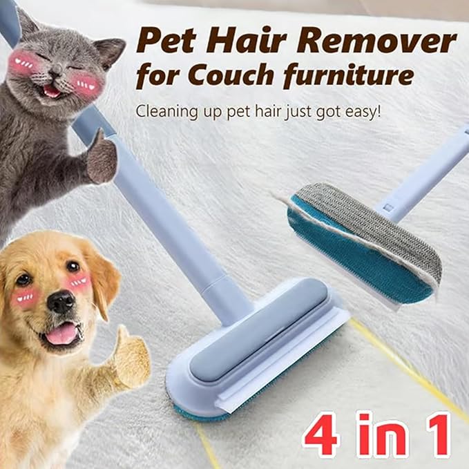 Reusable Pet Hair Remover Brush, 4-in-1 Multifunction Pet Hair Removal Tool with 17.7" Extra Long Handle for Furniture, Car, Carpet & Multi-Surfaces (Blue)