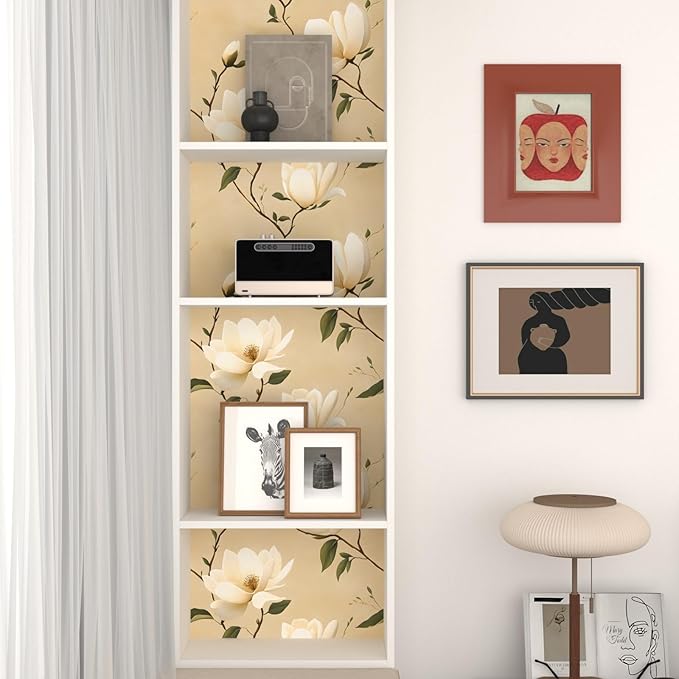 Vintage Floral Peel and Stick Wallpaper Khaki White Flowers Contact Paper 17.5"X118" Vinyl Waterproof Self Adhesive Removable Boho Modern Green Leaf Wall Paper for Cabinets Bathroom Walls Bookcase