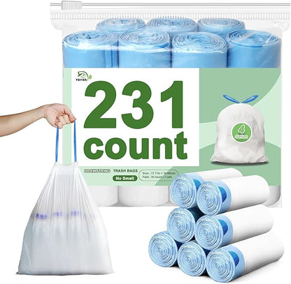 231 Count-Small Trash Bags,4 Gallon Trash Bag Drawstring,Bathroom Garbage Bags,Tear-Free Garbage Bags,Plastic Wastebasket Liners for Toilet Home Office and Bedroom(White)