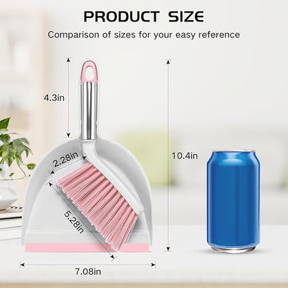 NACENA Mini Broom and Dustpan Set 2 Packs, Small Dust Pan and Brush Set with Handle Dustpan Teeth for Cleaning Hair Suitable for Office Desks Drawers Sofas Outdoor Camping, Pink
