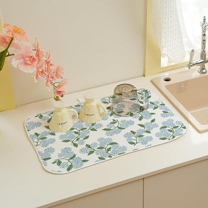 Blue Green Dish Drying Mat 18x24 Inch Vintage Floral Hydrangea Flower Drying Mat Spring Summer Absorbent Dish Drying Pad Dish Rack Drainer Mats for Kitchen Dining Counter