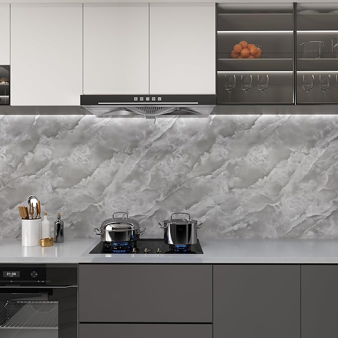 JSEVEM 24"×354" Large Wide Thick Grey White Cloud Pattern Marble Wallpaper Peel and Stick Waterproof Glossy Textured Gray White Marble Contact Paper Removable Wall Tile Sticker for Bedroom Living Room