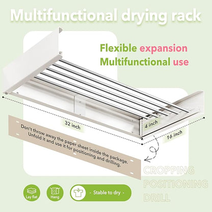 Wall Mounted Drying Rack,32 inches,Foldbale, Clothes Drying Rack,Laundry Drying Rack Wall Mount,Drying Rack Clothing Space Saver,Retractable,Collapsible,Folding Laundry Rack,White