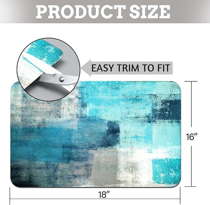 MCALK Turquoise Dish Drying Mat for Kitchen Counter, Teal Dish Drying Pad with Anti-Slip Rubber Base, Absorbent Kitchen Sink Mat with Abstract Art Decor (1 pc 18" x 16")