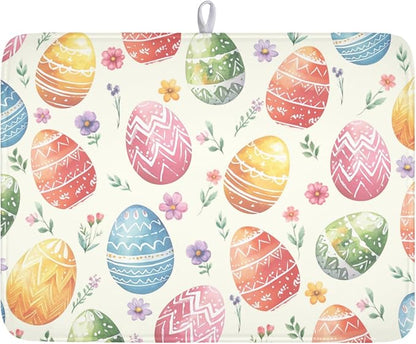 Easter Dish Drying Mat for Kitchen Counter Colorful Easter Eggs Floral Pattern Drying Mat 18x24 Inch Spring Holiday Absorbent Dish Drainer Mat Kitchen Accessories