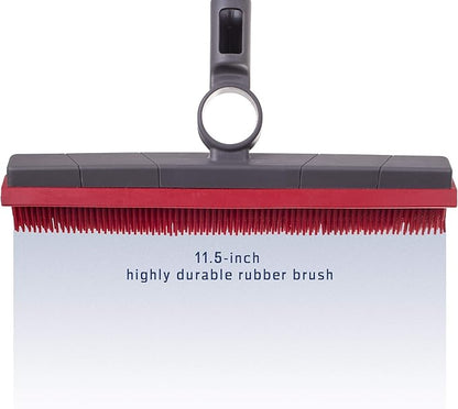 Premium Rubber Floor Brush with 11.5-Inch Squeegee & Stainless Steel Handle - for Carpets & All Surfaces - Pet Hair Fur Remover Broom - Extendable up to 56 Inches