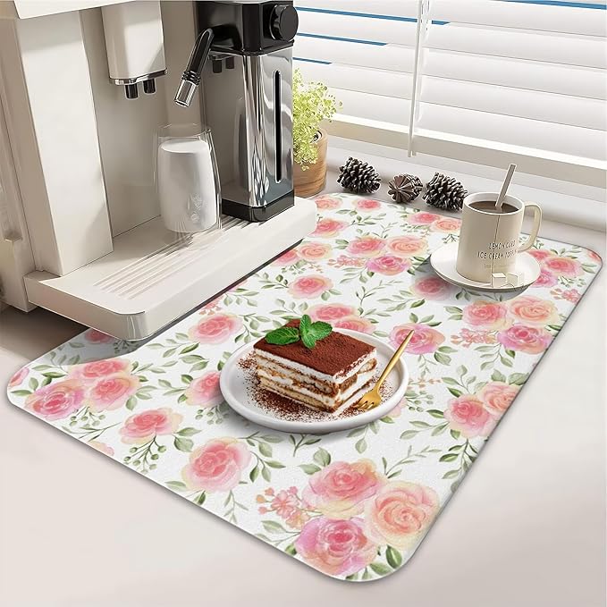 Dish Drying Mat for Kitchen Counter 2 Pack with Non-Slip Rubber Backing - Heat-Resistant Absorbent Coffee Bar Mat, Dish Rack Mat, Pink Flowers Dish Drying Mats 18x24+19.5x12 inch