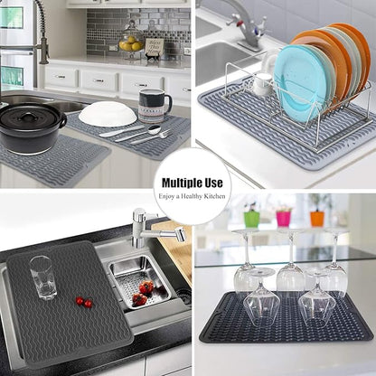 Silicone Dish Drying Mat, Non-Slip Easy Clean Sink Mat Large Heat-resistant Dish Drainer Mat for Kitchen Counter, Sink, Refrigerator or Drawer liner (12" x 12", BLACK)