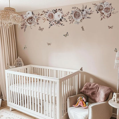 Fabric Peel and Stick Floral Wall Decal, Self-Adhesive Peony Flowers Wallpaper, Rose Sticker for Mother's Day, Mocha Peony