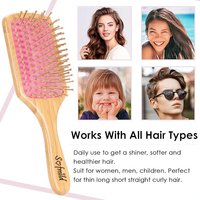 Sofmild Hair Brush-Natural Wooden Bamboo Brush-Eco Friendly Detangle Paddle Hairbrush for Women Men and Kids Massage Scalp Increase Hair Growth