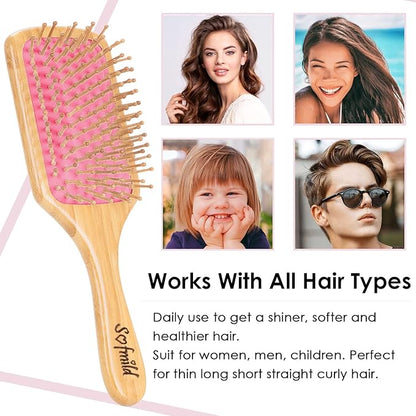 Sofmild Hair Brush-Natural Wooden Bamboo Brush-Eco Friendly Detangle Paddle Hairbrush for Women Men and Kids Massage Scalp Increase Hair Growth