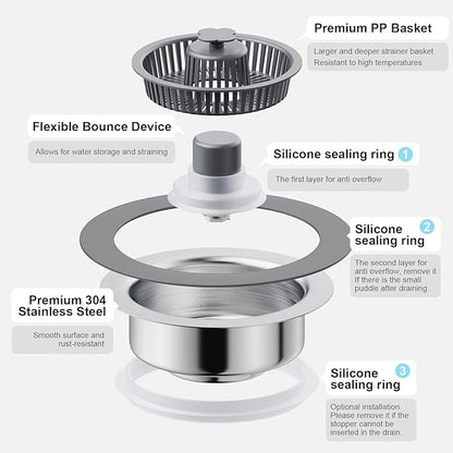 3 in 1 Kitchen Sink Drain Strainer and Stopper, 304 Stainless Steel Pop-up Anti-Clogging Basket Strainer, Fast Drainage Kitchen Sink Plug for Standard 3-1/2" Drain Hole