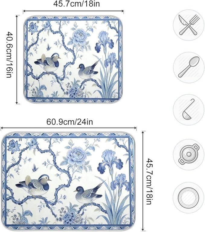Absorbent Dish Drying Mat Microfiber Dish Drying Pad Reversible Drainer Mats for Countertop, Spring Cute Birds Kitchen Counter Decor, 16'' x18''