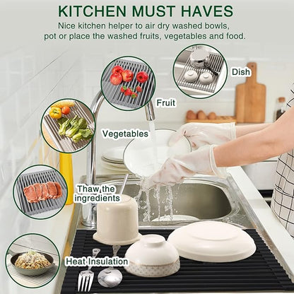 HANZENMA Roll Up Dish Drying Rack Over The Sink Kitchen Roll Up Sink Drying Rack Multipurpose Foldable Sink Drying Mat, Heat-Resistant, Anti-Slip & Anti-Rust Dish Rack for Kitchen, 20.5" x 13", Black