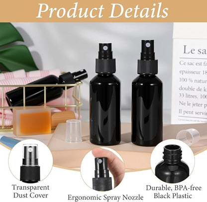 100 Pcs 2oz Black Spray Bottles, Fine Mist Refillable Travel Size Plastic Spritzers - Leak Proof Mini Mister for Cleaning, Hair, Essential Oils & Perfume