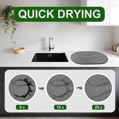 Large Stone Drying Mat for Kitchen Counter of 1 Pack ,24''x16'' Quick Dish Drying Stone Mat Kitchen,Double-sided Diatomaceous Earth Stone Drying Mat,No Moisture Residue, Stone Dish Drying Mat (Oval)