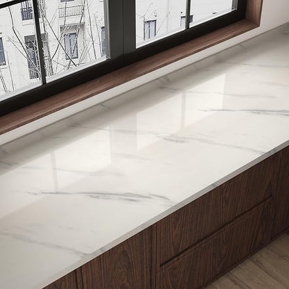 JSEVEM 16"×118" Thick White and Grey Marble Wallpaper Peel Stick Waterproof White Gray Marble Contact Paper Vinyl Wrap Glossy Self Adhesive Granite Tile Sticker for Kitchen Cabinets Table Countertops