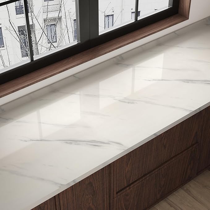 JSEVEM 48"×197" Extra Wide Thick White and Grey Marble Wallpaper Peel Stick Waterproof White Gray Marble Contact Paper Vinyl Glossy Self Adhesive Granite Textured Stickers for Bedroom Bathroom Walls