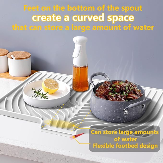 Silicone Drying Mat for Kitchen Counter , Dish Drying Rack Matt with Built in Drain, 18 Inch Dry Mats for Dishes Drying Pad for Kitchen Counter (18×12inch, white)