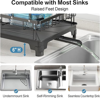 GSlife 2 Tier Dish Drying Rack with Drainboard, Expandable Large Dish Drainer for Kitchen Counter, Rust Resistant Dish Drainer with Cup Holder & Utensil Holder, 12.6" W x 18.7"-25.2" L, Black