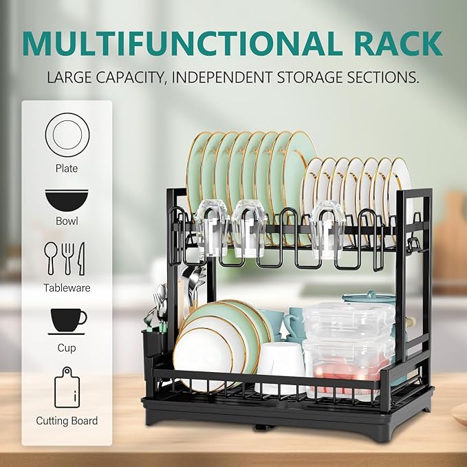 2-Tier Dish Drying Rack for Kitchen Counter, Dish Drainer Dish/Cup/Cutlery Holder Dish Drainer Rack 2 Tier Dish Racks with Utensils Holder, Drainboard & 360° Telescopic Drain Pipe (Black)