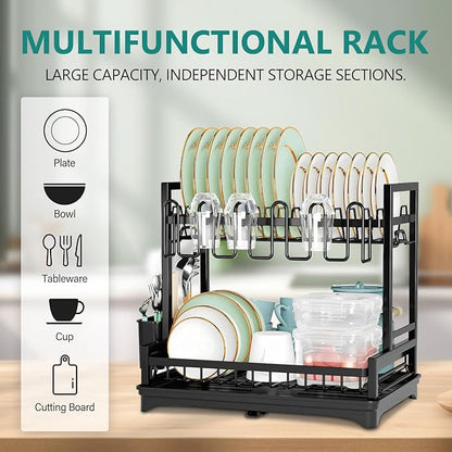2-Tier Dish Drying Rack for Kitchen Counter, Dish Drainer Dish/Cup/Cutlery Holder Dish Drainer Rack 2 Tier Dish Racks with Utensils Holder, Drainboard & 360° Telescopic Drain Pipe (Black)