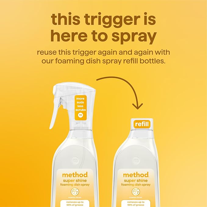 Method Super Shine Foaming Dish Spray Refill, Reuse With Trigger, Powered by Enzymes, Coastal Citron Scented, 16 fl oz