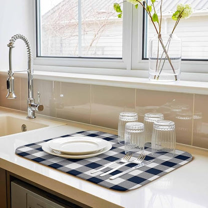 Dish Drying Mat Buffalo Plaid Dark Blue Check Drying Mats for Kitchen Counter Farmhouse Style Absorbent Microfiber Dish Drainer Quick Drying Coffee Mat with Hanging Loop, 16 x18 inch