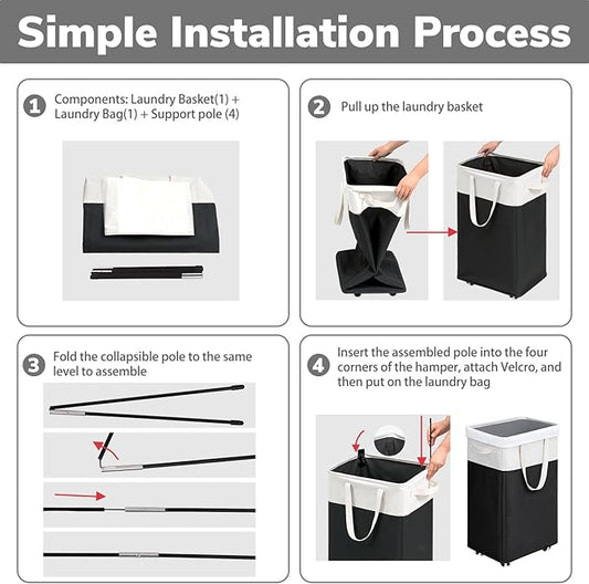 Goodpick Rolling Laundry Hamper with Wheels 75L, Black Laundry Hamper for Dirty Clothes, Collapsible Laundry Basket with Removable Wash, Black Laundry Basket with Wheels