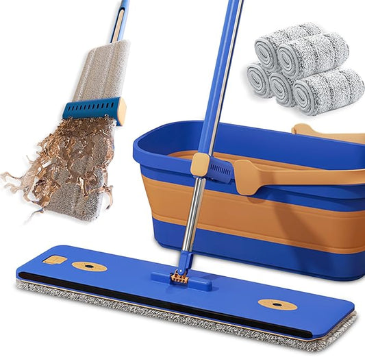 16.5" Self Wringing Flat Mop and Bucket Set, 55" Long Handle Microfiber Mop for Floor and Wall Cleaning, Hands-Free Wet & Dry Mop with Squeegee, 5 Replacement Pads & Collapsible Bucket