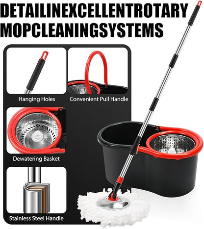 Spin Mop and Bucket with Wringer Set,360° Mop and Bucket System with 3 Microfiber Mop Refills and 50" Extended Handle for Floor Cleaning (Black)
