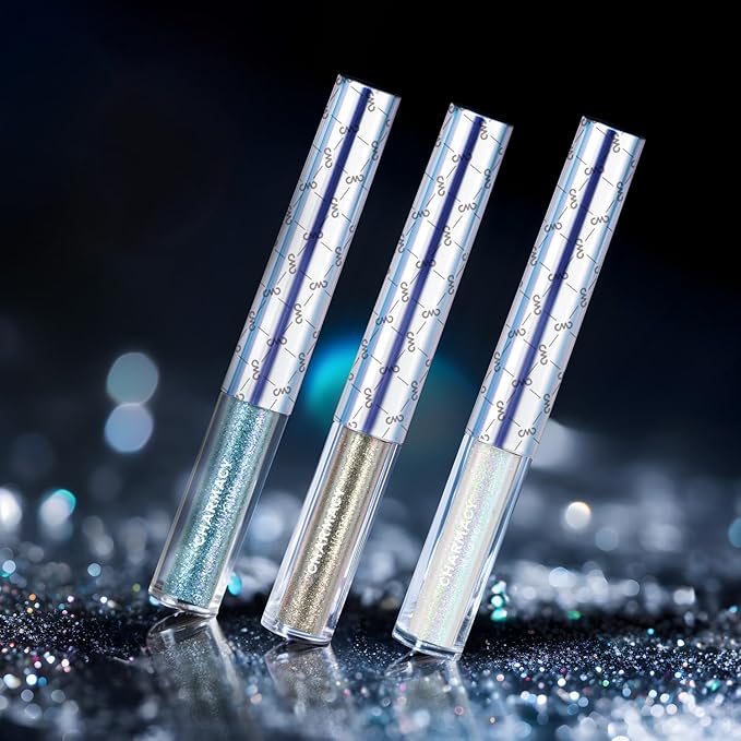 CHARMACY 3Pcs Liquid Glitter Eyeliner Set, Metallic Shimmer Glitter Eyeshadow, Lightweight Waterproof Texture, Long Wearing, Quick Drying, Colorful Sequins (Indigo Gold White Green)