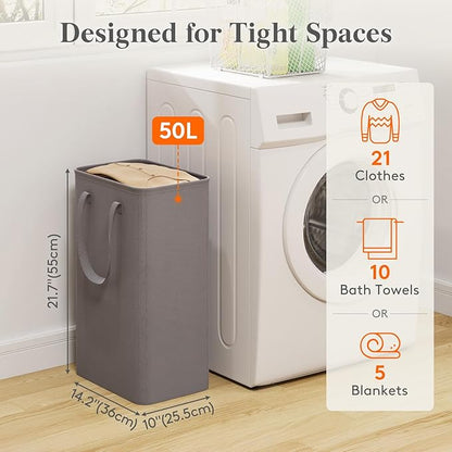 Lifewit 50L Slim Laundry Hamper, Narrow Small Laundry Basket with Handle for Dirty Clothes, Collapsible Tall Thin Laundry Bin for Bathroom Bedroom Dorm College, Grey