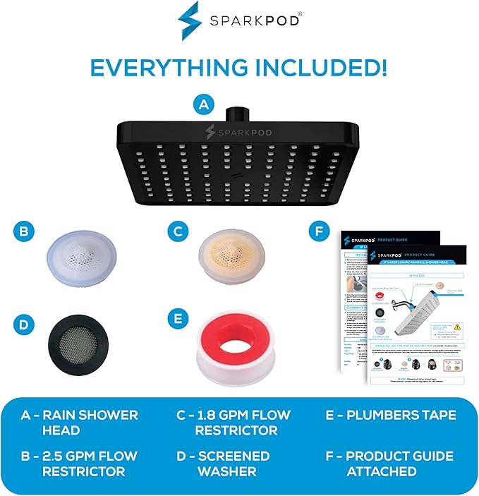 SparkPod Shower Head - High Pressure Rain - Premium Quality Luxury Design - Easy Clean Adjustable Replacement for Your Bathroom Shower Heads (Midnight Black Matte, 8 Inch Square)