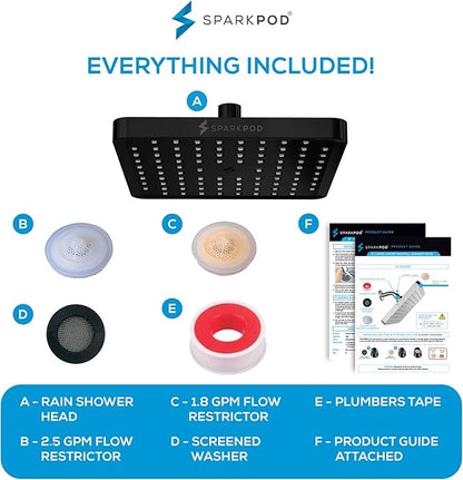 SparkPod Shower Head - High Pressure Rain - Premium Quality Luxury Design - Easy Clean Adjustable Replacement for Your Bathroom Shower Heads (Midnight Black Matte, 8 Inch Square)