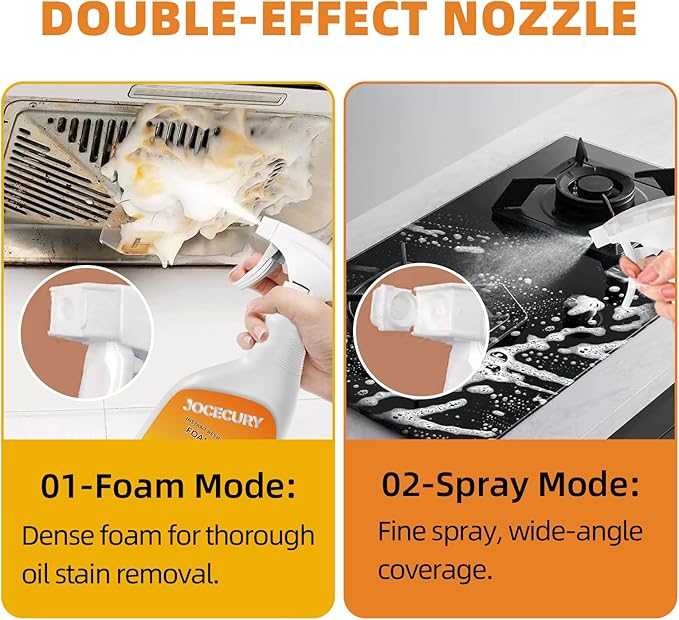 Jocecury 500ML Kitchen Foam Cleaner, Multipurpose Grease Cleaner Spray for Pots, Pans, Surfaces & Appliances with Dual-Spray nozzle,No-rinse Formula