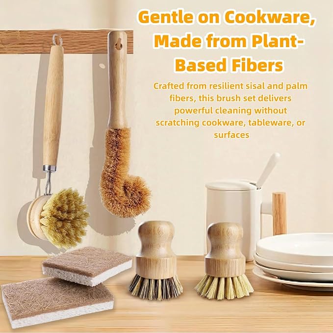 Natural Bamboo Dish Brush Set - 6 PCS Kitchen Cleaning Brush Kit with 4 Utensil Brushes and 2 Coconut Fiber Dish Sponges, for Cleaning Pots, Pans, Dishes, Bottles, Vegetables, and Fruits