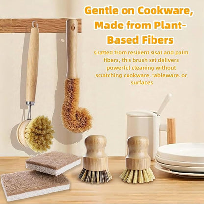 Natural Bamboo Dish Brush Set - 6 PCS Kitchen Cleaning Brush Kit with 4 Utensil Brushes and 2 Coconut Fiber Dish Sponges, for Cleaning Pots, Pans, Dishes, Bottles, Vegetables, and Fruits
