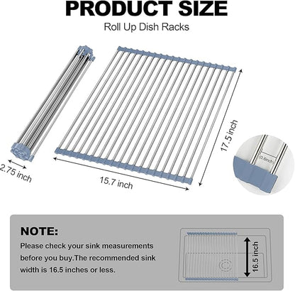 NEZUIBAN Dish Drying Rack with Roll Up and Over Sink for Kitchen,17.5"x11.8",Gray
