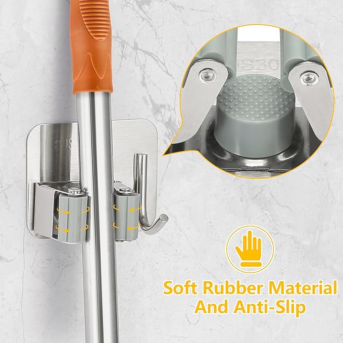 Stainless Steel Broom Holder, Self-Adhesive, 4 Gripper Positions, 4 Hooks, Light and Durable, Easy Installation, Ideal for Organizing Household Items