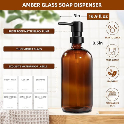 Dish Soap Dispenser for Kitchen, 16.9 fl oz Amber Hand and Dish Soap Dispensers, Kitchen Soap Dispenser Set with Sponge Holder, Brush Holder and Loofah Sponge, Countertop Sink Organizer Accessories