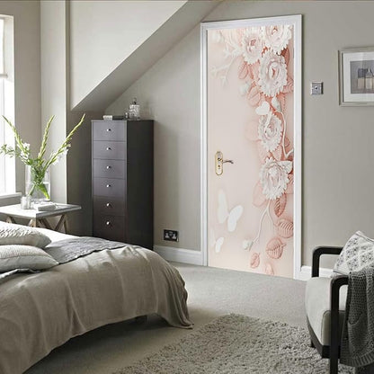 A.Monamour 3D Door Stickers for Interior Doors Pink White Flowers Floral Background Vinyl Waterproof Self Adhesive Door Mural Decals for Bedroom Office Bathroom 90x200cm
