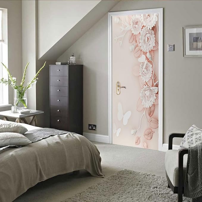 A.Monamour 3D Door Stickers for Interior Doors Pink White Flowers Floral Background Vinyl Waterproof Self Adhesive Door Mural Decals for Bedroom Office Bathroom 77x200cm